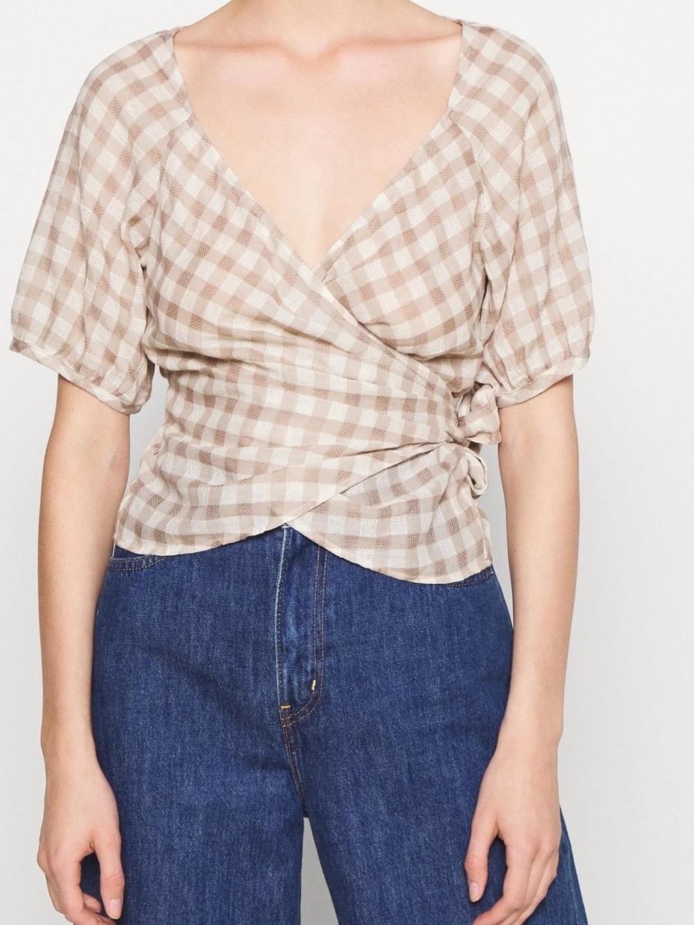Madewell Beige Gingham Wrap Blouse with Short Puff Sleeves